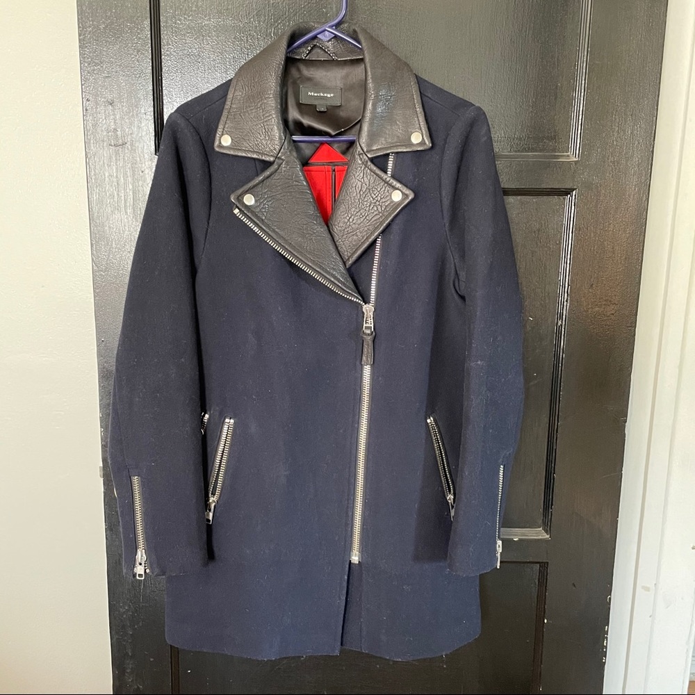 Mackage Asymmetrical Pea Cost with leather collar